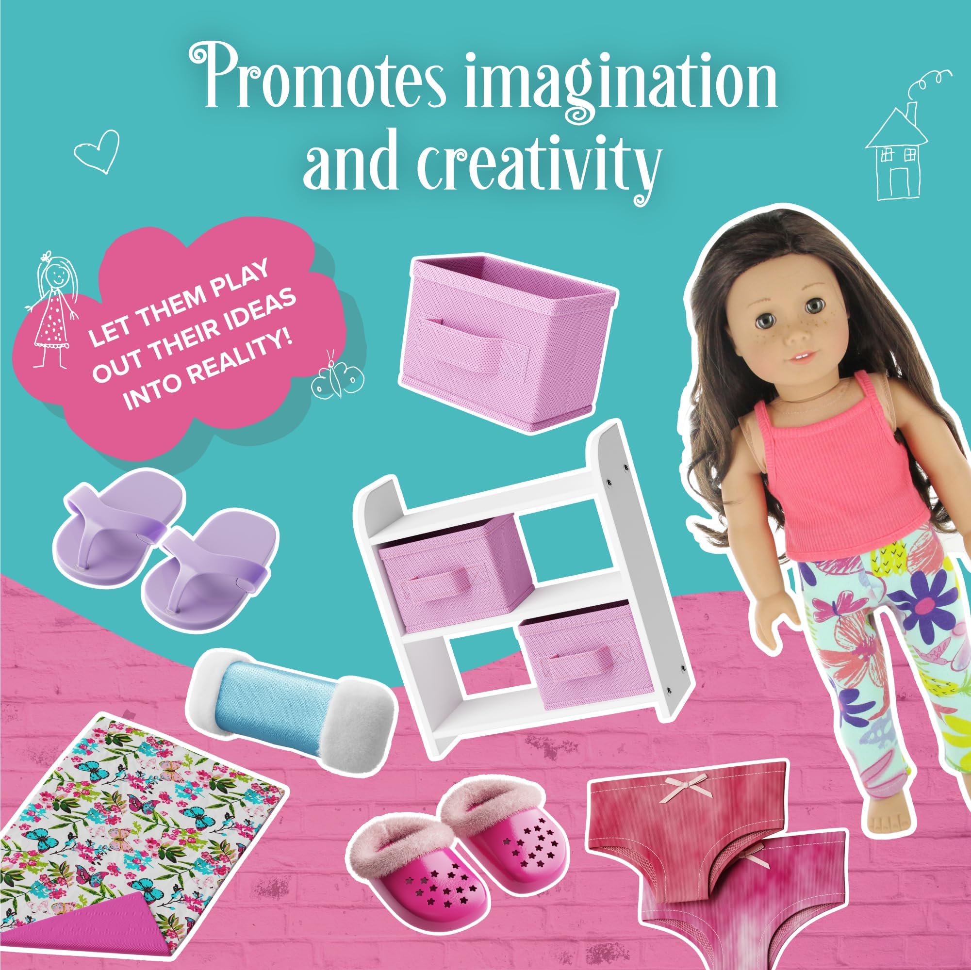 PZAS Toys Doll Bunk Bed storage bins keep accessories neatly stored and ready.