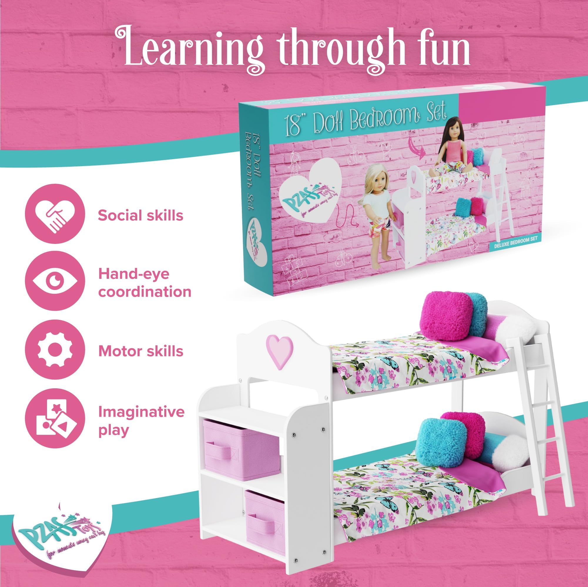 PZAS Toys Doll Bunk Bed ladder provides safe access between levels for dolls.