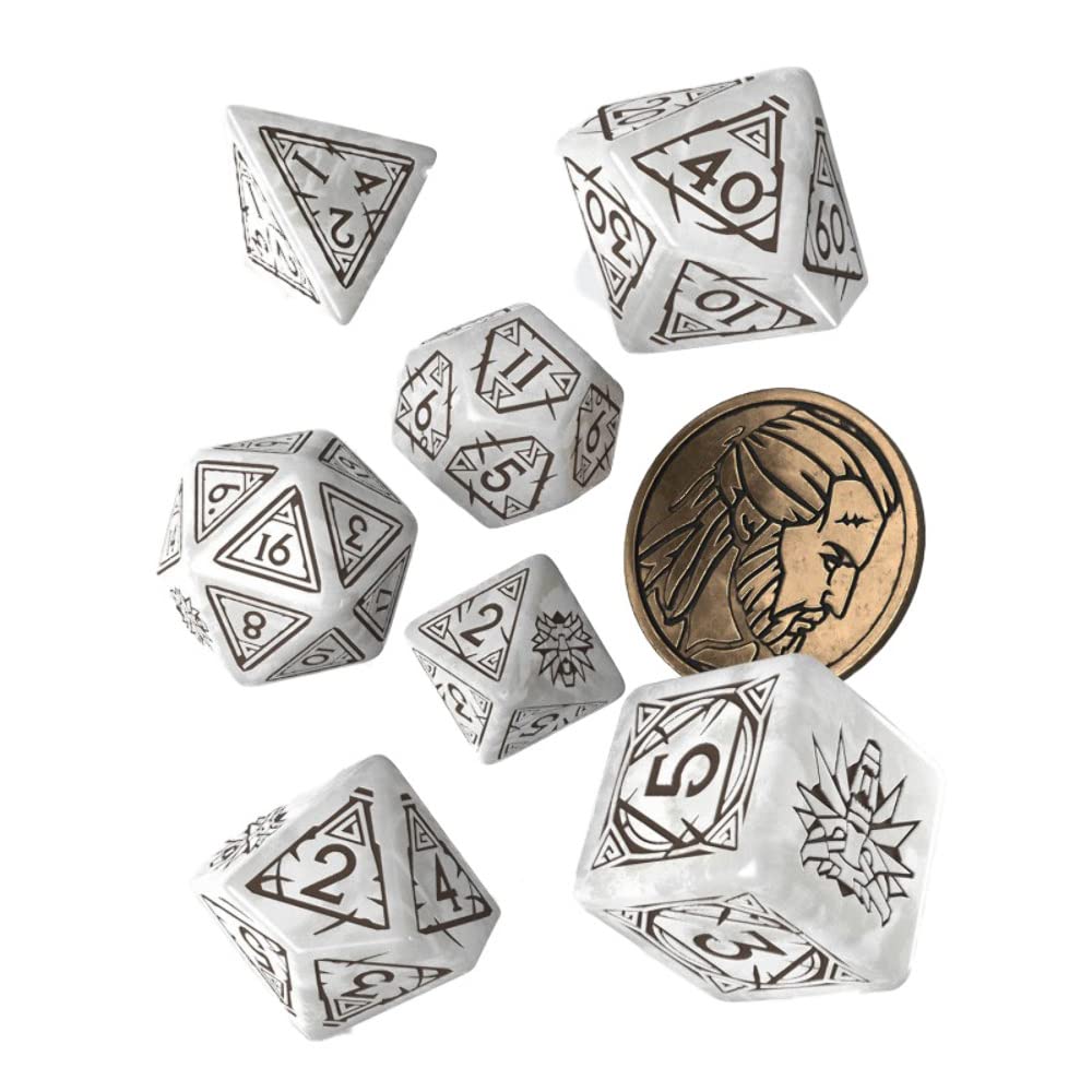 Q Workshop Witcher dice set Geralt coin close-up for quick D2 checks.
