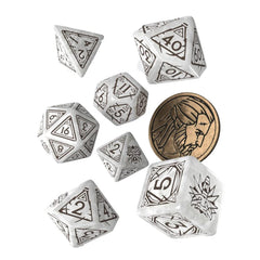 Q Workshop Witcher dice set Geralt coin close-up for quick D2 checks.