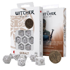 Q Workshop Witcher dice set Geralt pearl-white close-up for immersive tabletop sessions.