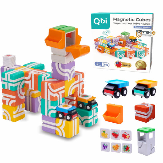 QBI Magnetic Blocks market adventure with trucks and fruit tiles for imaginative play