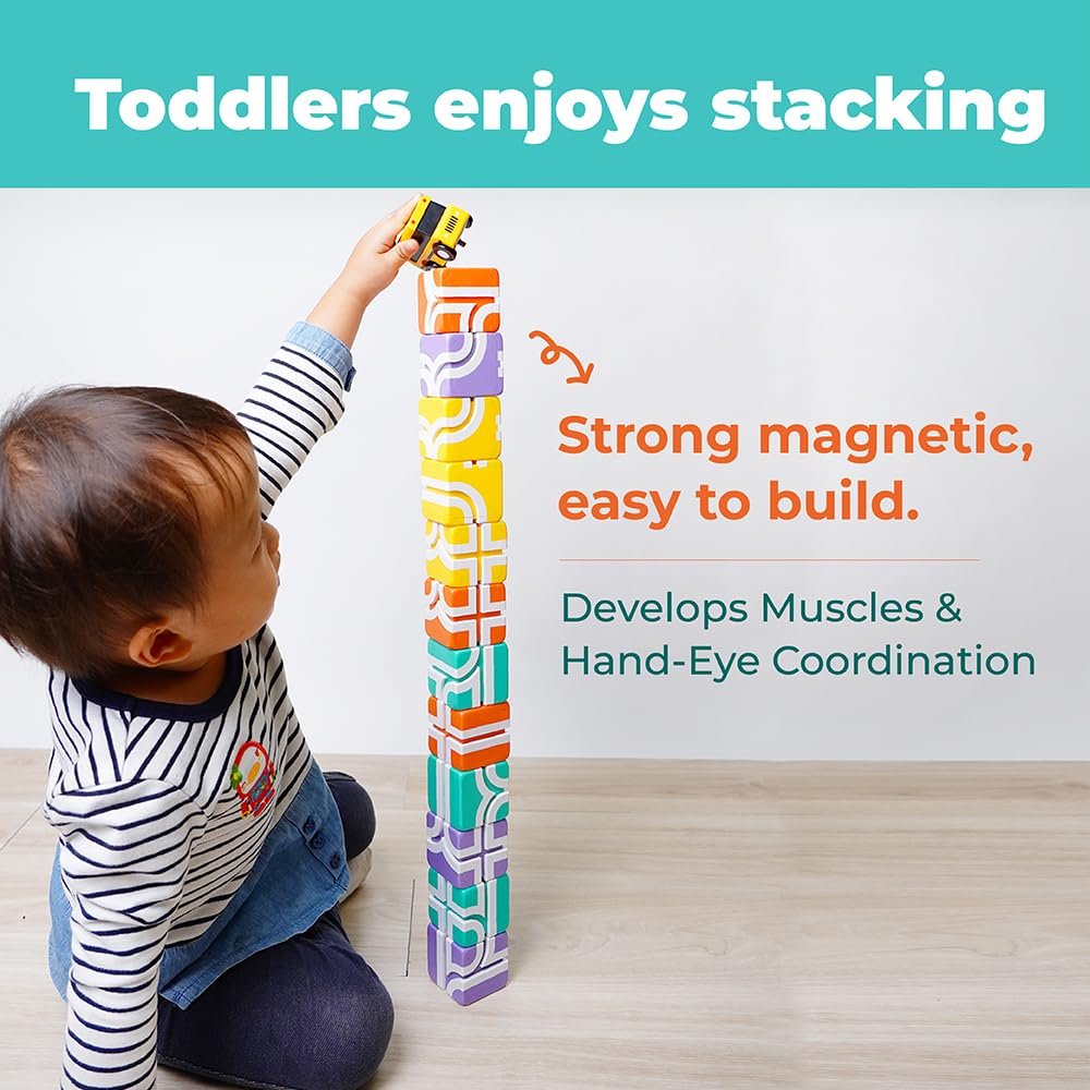 QBI magnetic blocks track cubes illustrating versatile attachments and creative construction