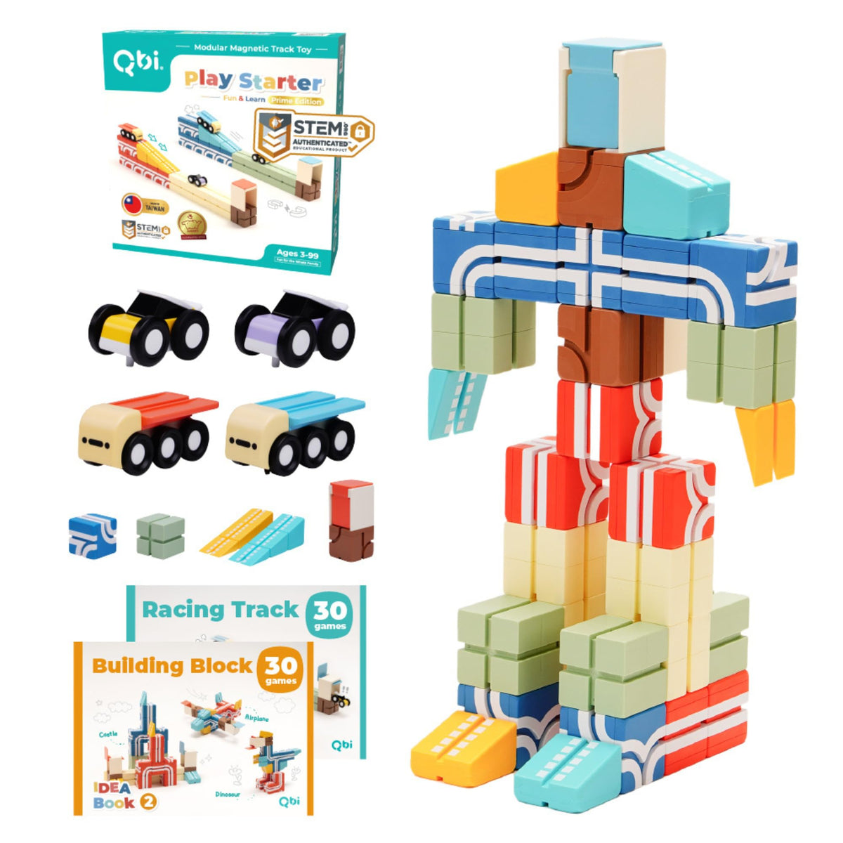 QBI Play Starter box packaging showing a compact STEM toy set for kids 3 and up
