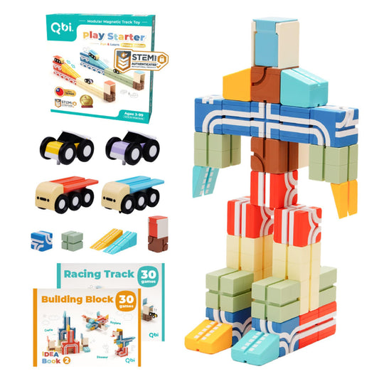 QBI Play Starter box packaging showing a compact STEM toy set for kids 3 and up