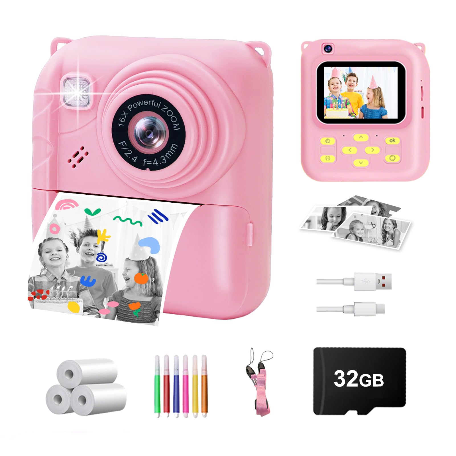 QDH instant print camera for kids with pink cover, simple to use for young creators.