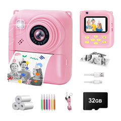 QDH instant print camera for kids with pink cover, simple to use for young creators.