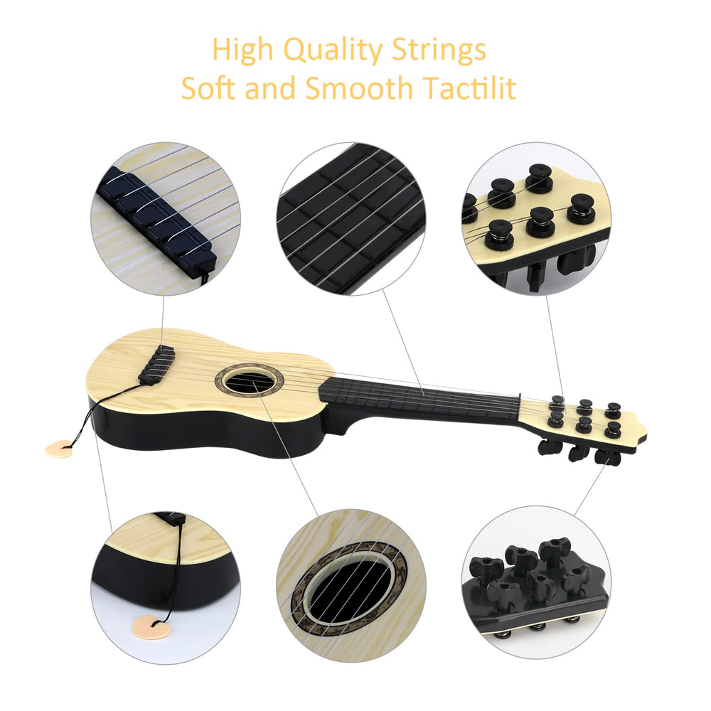 QDH toy guitar wooden-color surface close-up with finger-safe coating