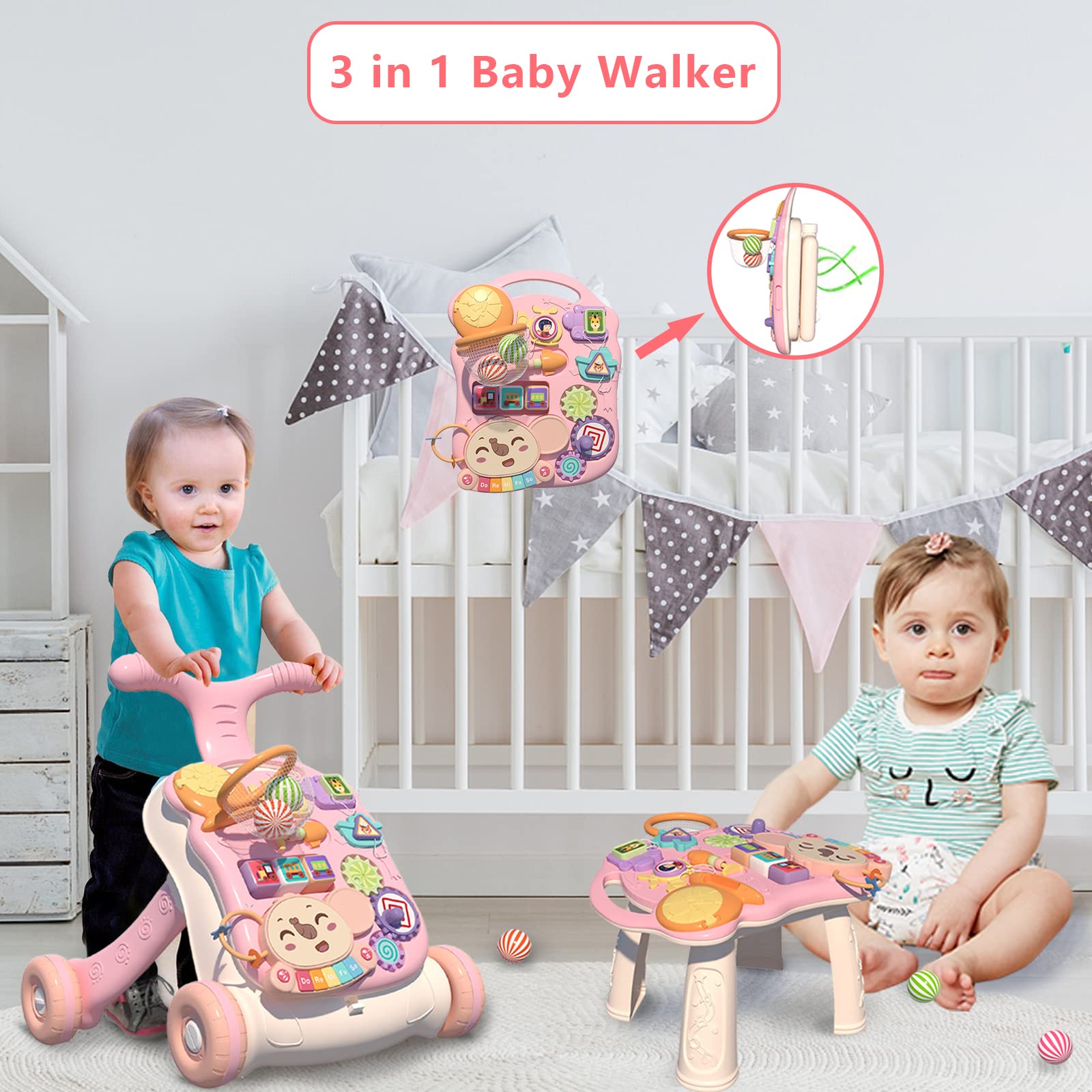 QDRAGON baby push walker table with detachable activity center for curious play.