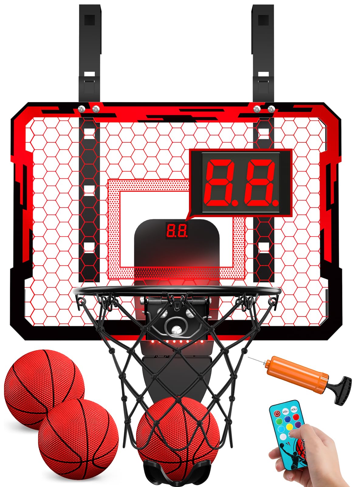 QDRAGON indoor basketball hoop over door with 7 LED lights for exciting dunks.