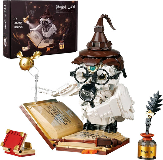 QFJ Ideas Magic World Owl Building Set owl on spellbook ready for display.