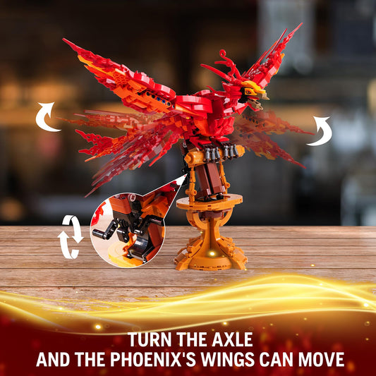 QFJ Moc Fire Phoenix wings captured in mid-flap for dynamic action.