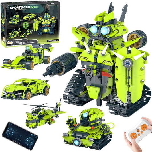 QHECTTY 5-in-1 STEM kit box illustrating five model options for curious kids.