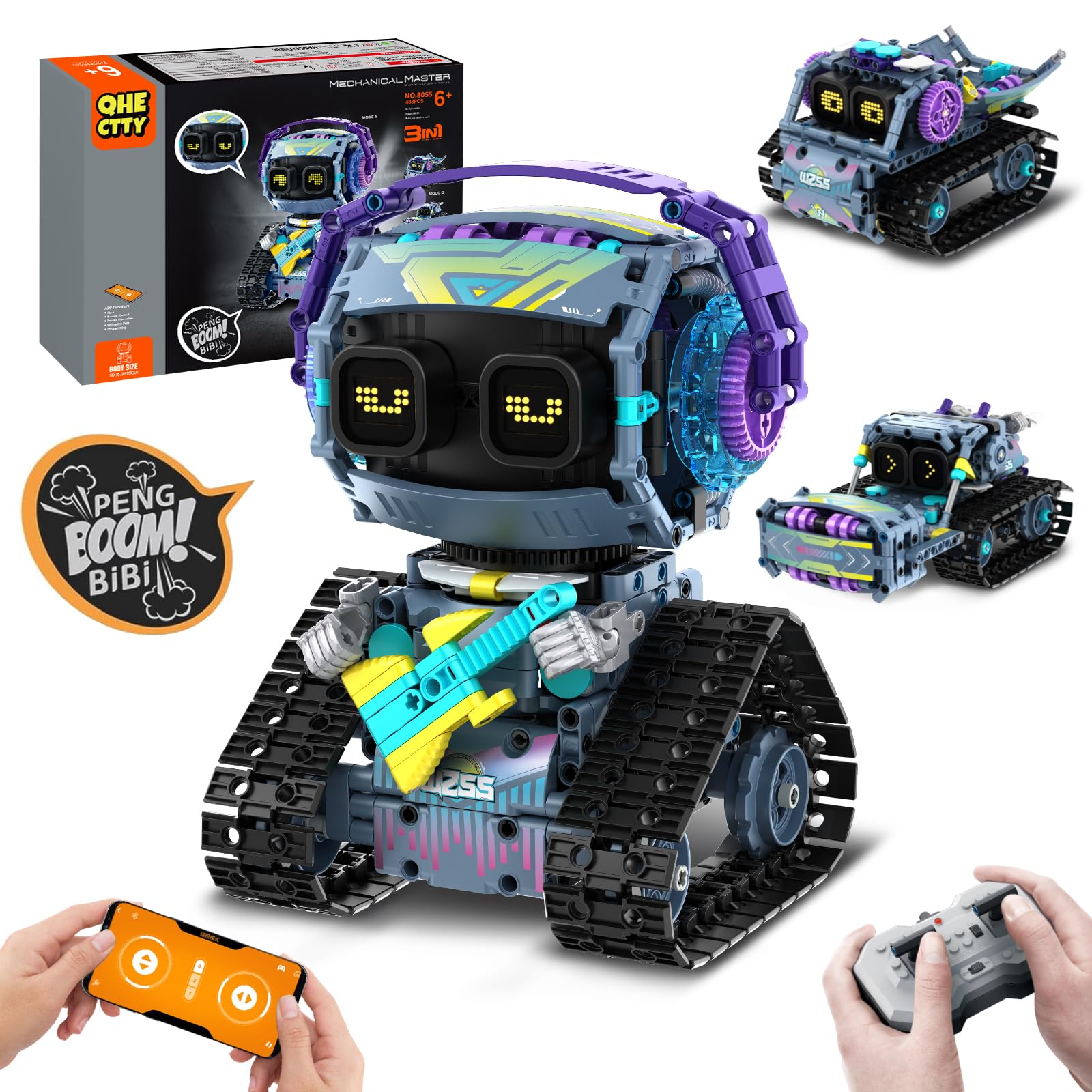 QHECTTY STEM robot building kit in action showing 3-in-1 play