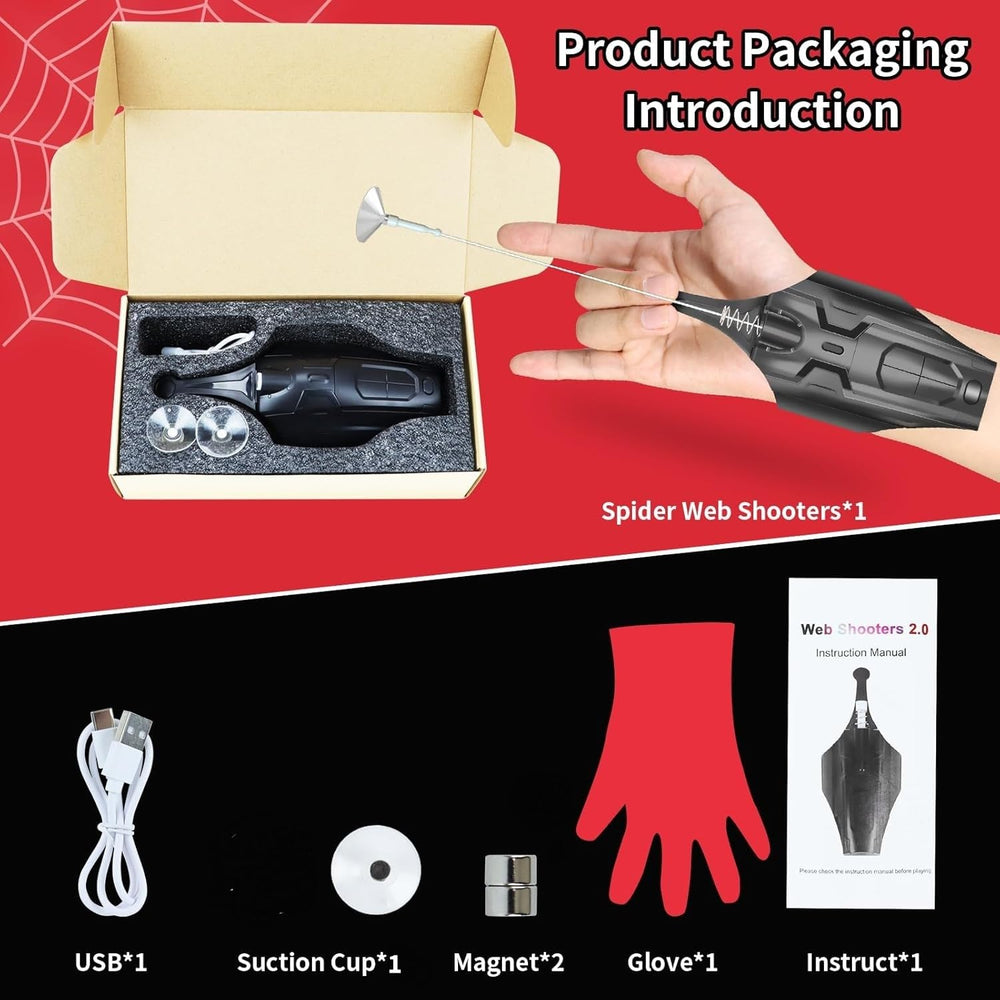 Magnet and suction cup on the QHJIU Spider Web Shooter 2.0 enable versatile mounting options.