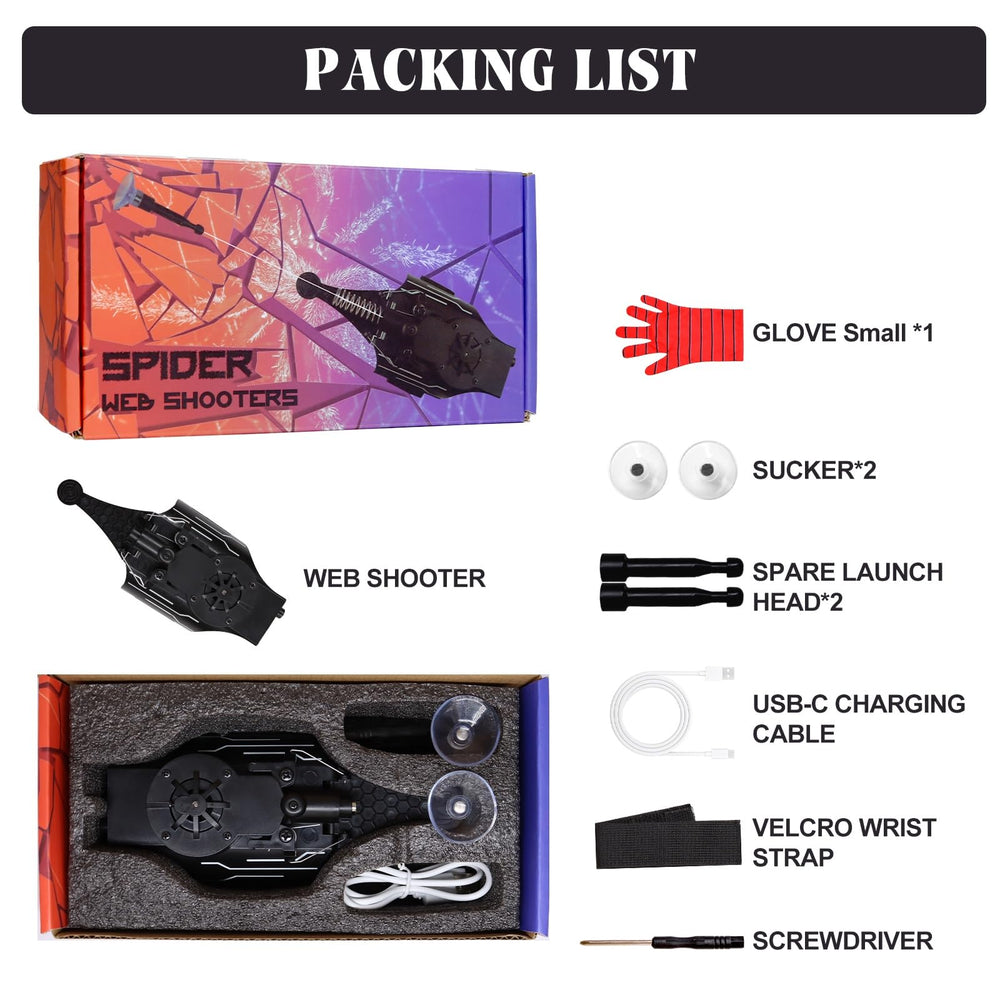 QHJIU Spider Web Shooter packaging and quick-start guide