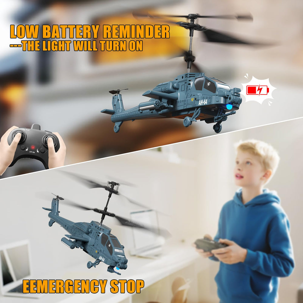 QI XING Apache RC helicopter includes emergency stop for safe play