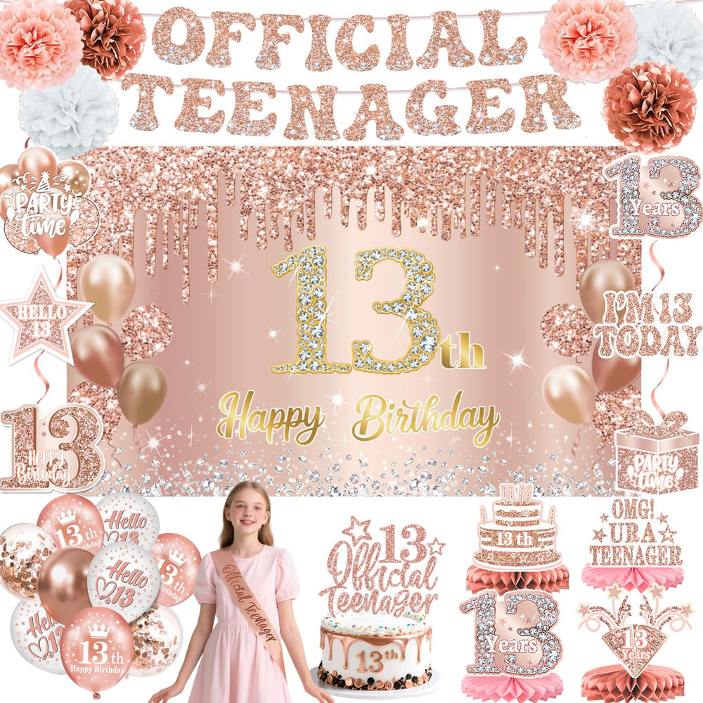QIYANPAX 13th birthday banner in rose gold for photo-ready moments.