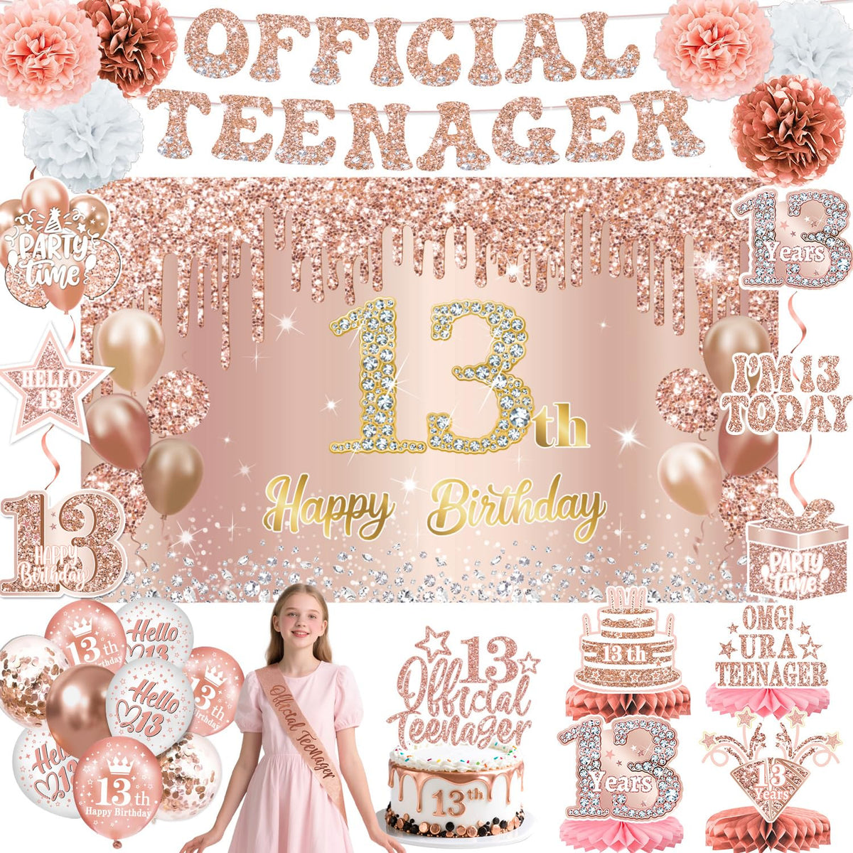 QIYANPAX 13th birthday banner in rose gold for photo-ready moments.