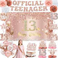 QIYANPAX 13th birthday banner in rose gold for photo-ready moments.