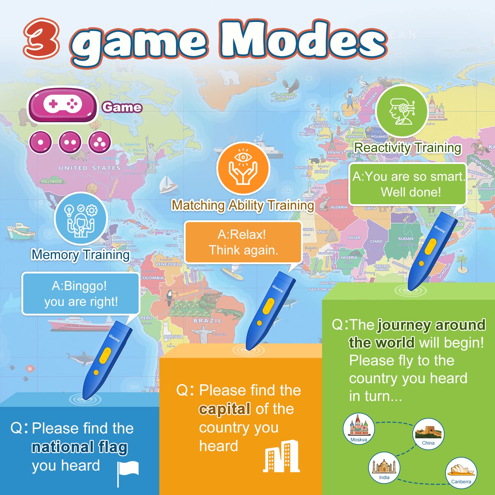Qiaojoy map icons with animal sounds delivering immersive learning cues.