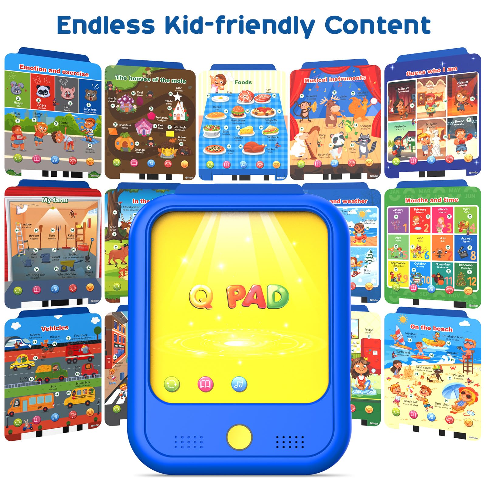 Qiaojoy tablet presents foods cards for vocabulary and healthy eating concepts.