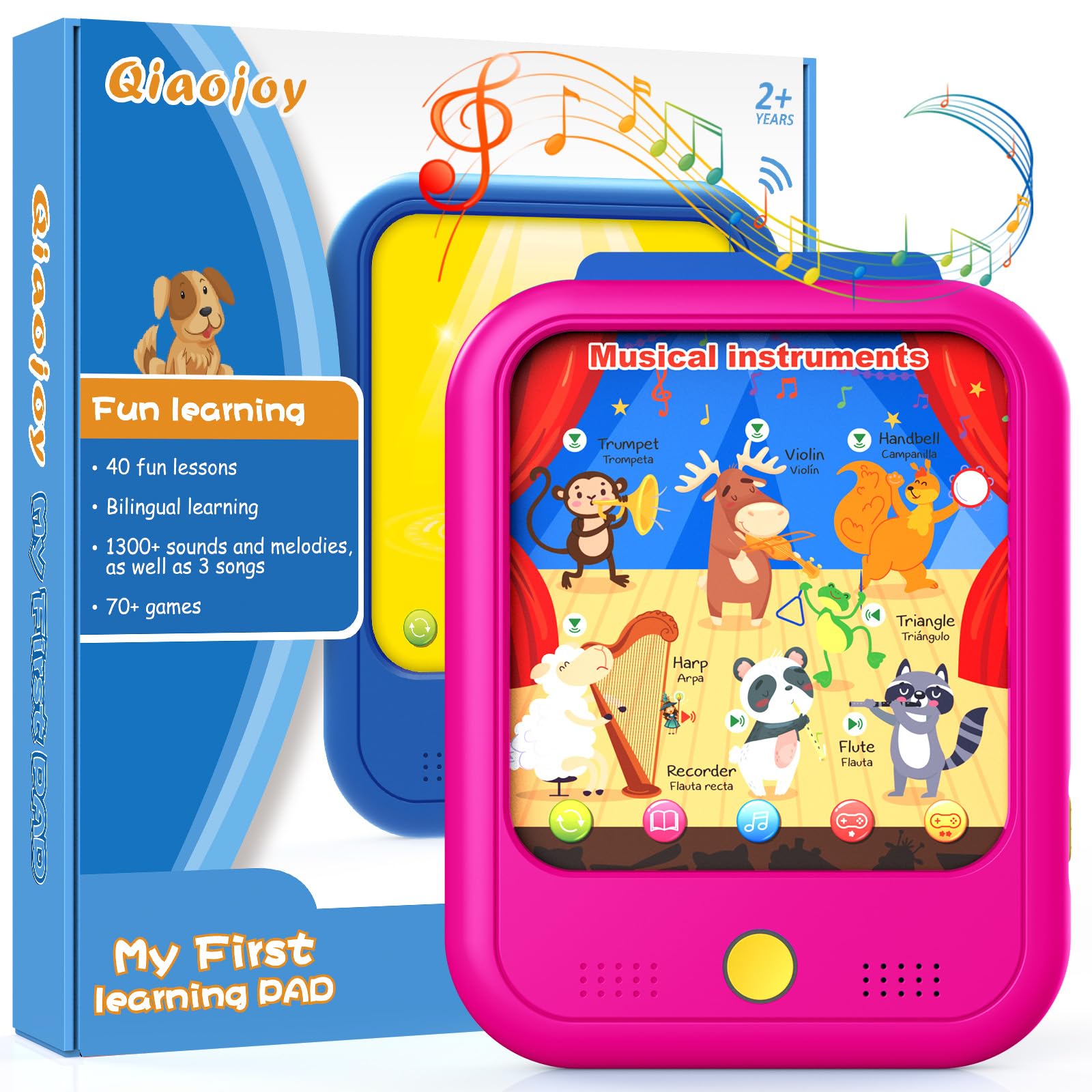 Qiaojoy toddler tablet with volume controls for safe listening and adjustments.