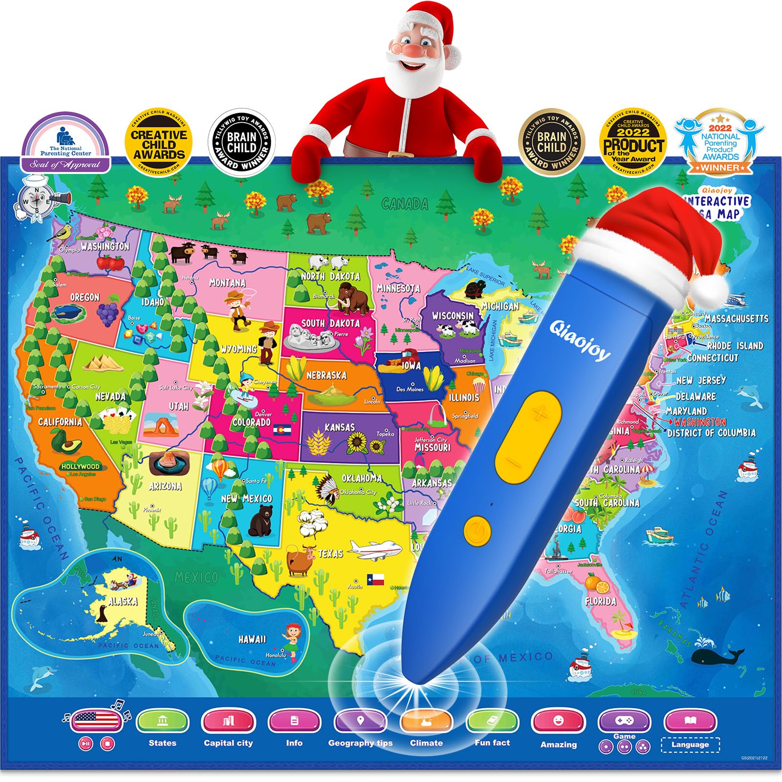 Qiaojoy V2 interactive US map poster inviting geography exploration.