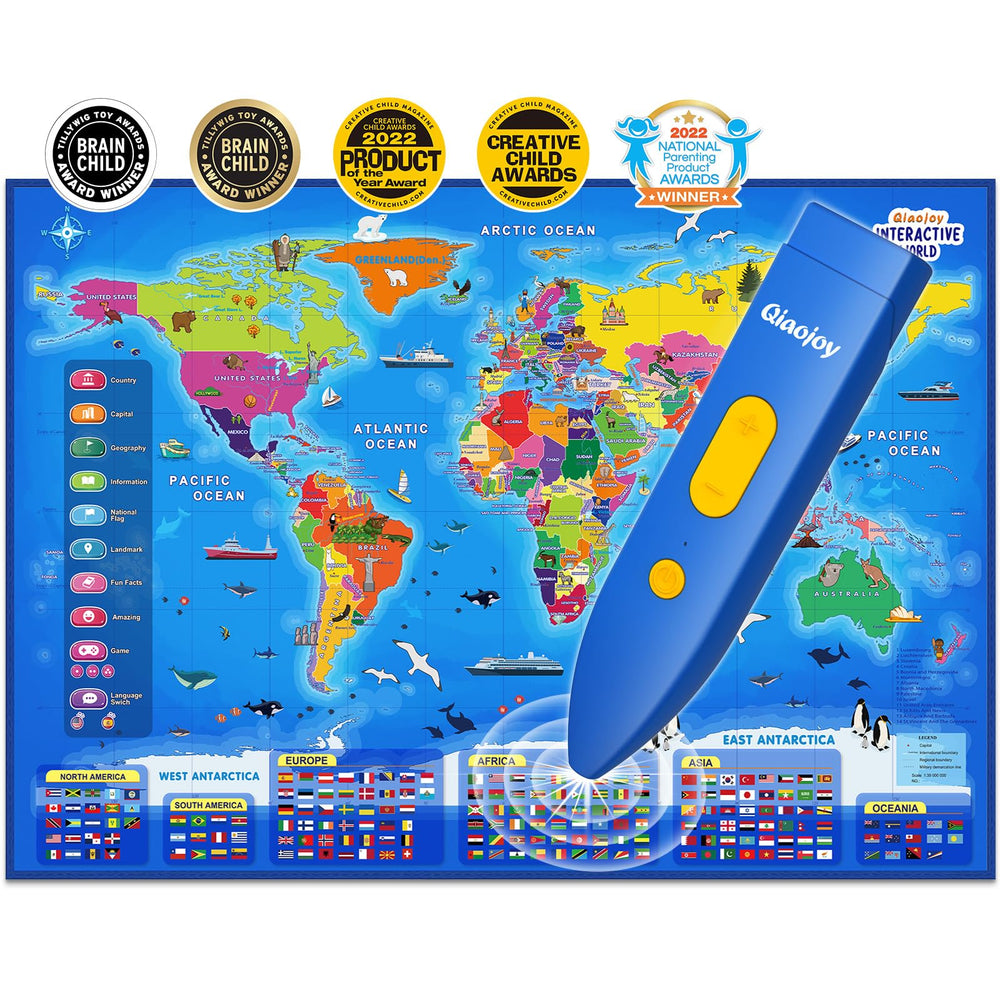 Qiaojoy world map with stylus for interactive learning and storytelling.