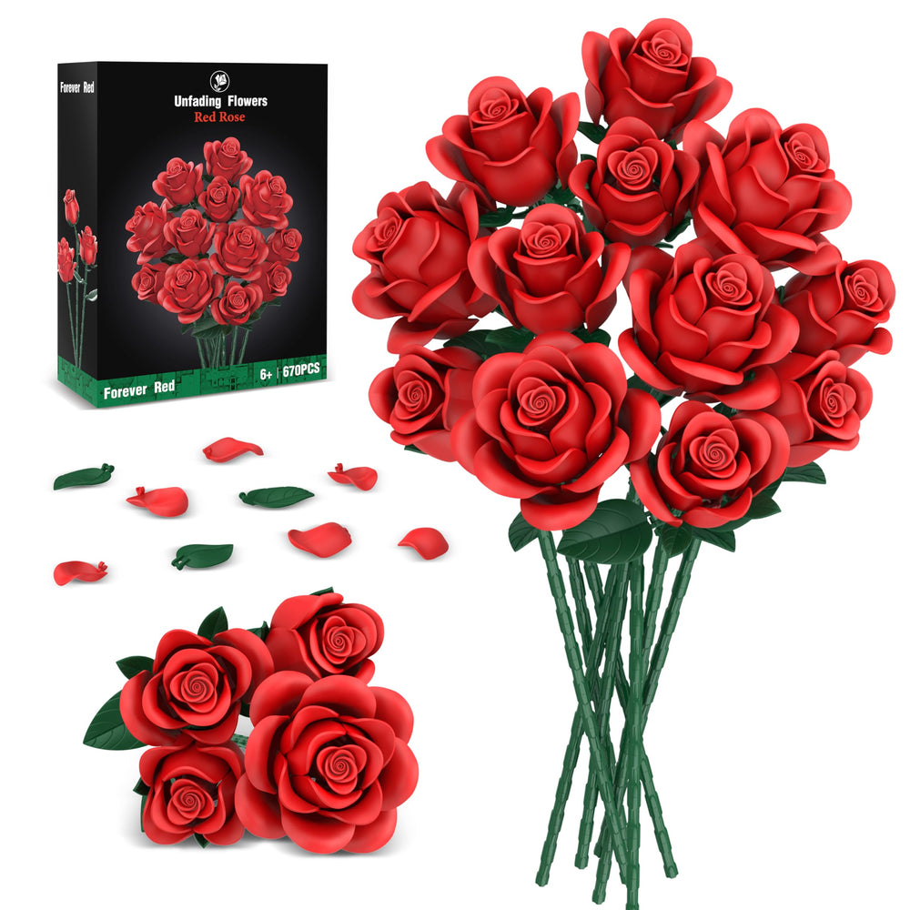 QIFUN red roses bouquet buildable blocks shown for lasting home decor