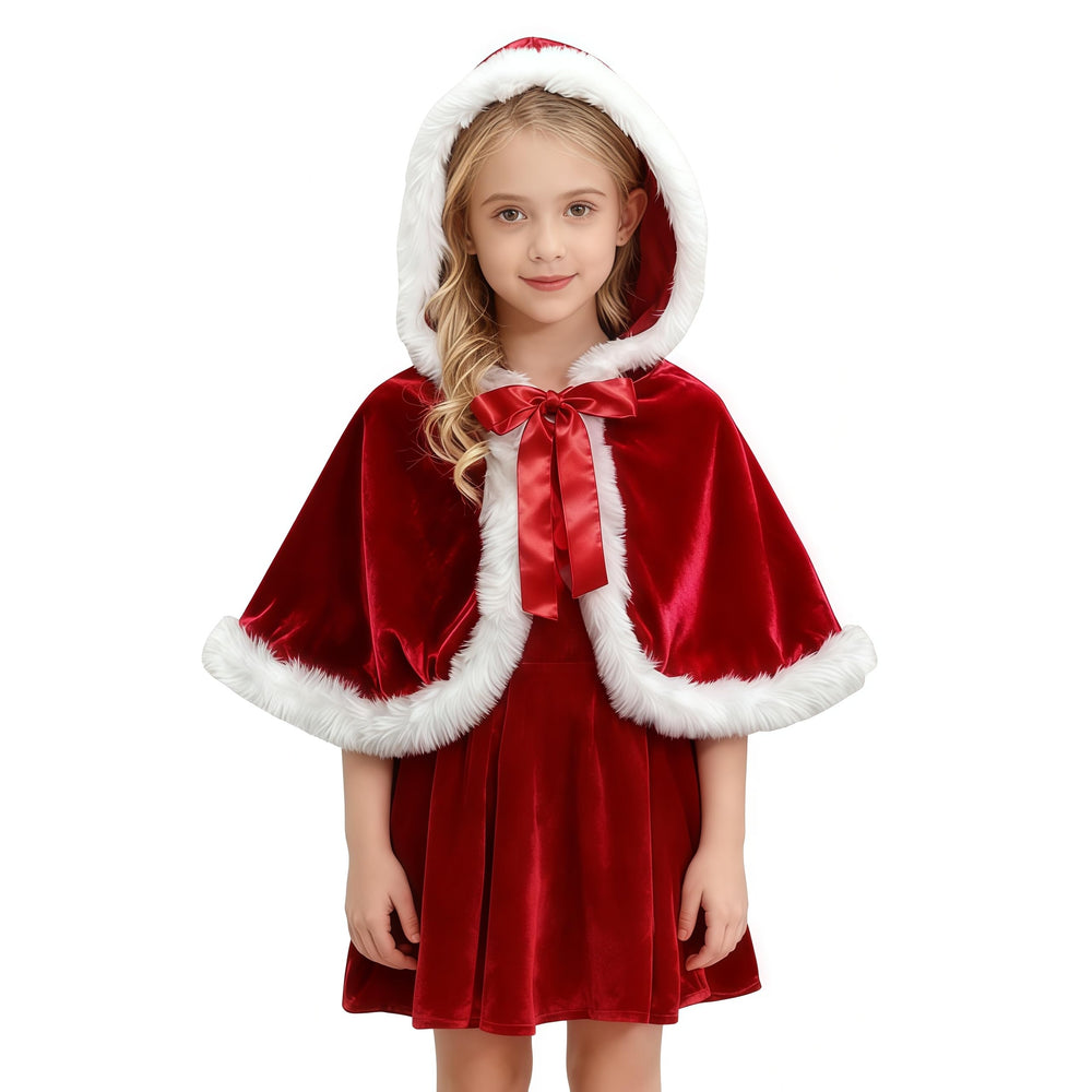 QIJOVO white fur collar detail on velvet cape.