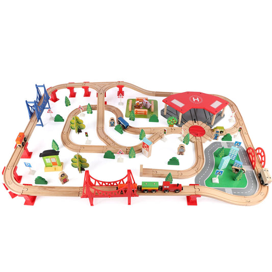 Qilay 140 Pcs wooden train set bridge for imaginative layouts and play.
