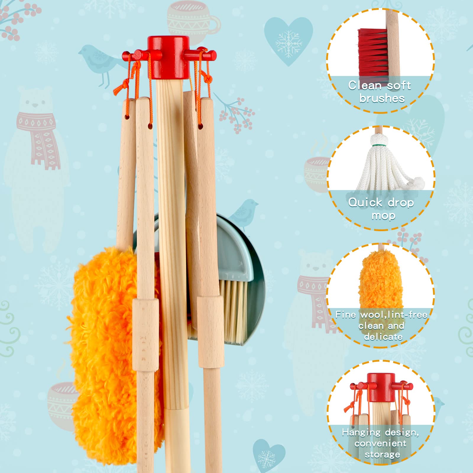 Qilay hanging stand keeps cleaning tools organized and accessible during playtime.