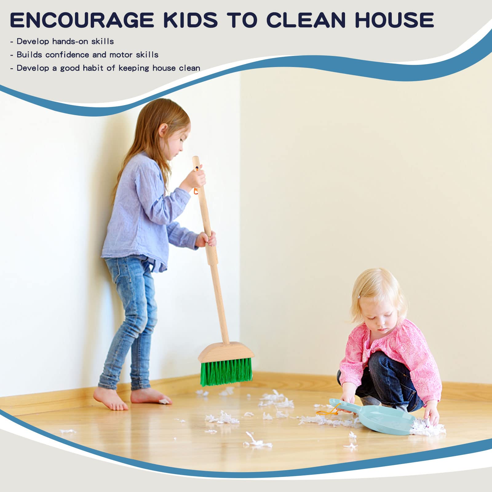Qilay wooden duster invites pretend cleaning and fine motor exploration for toddlers.