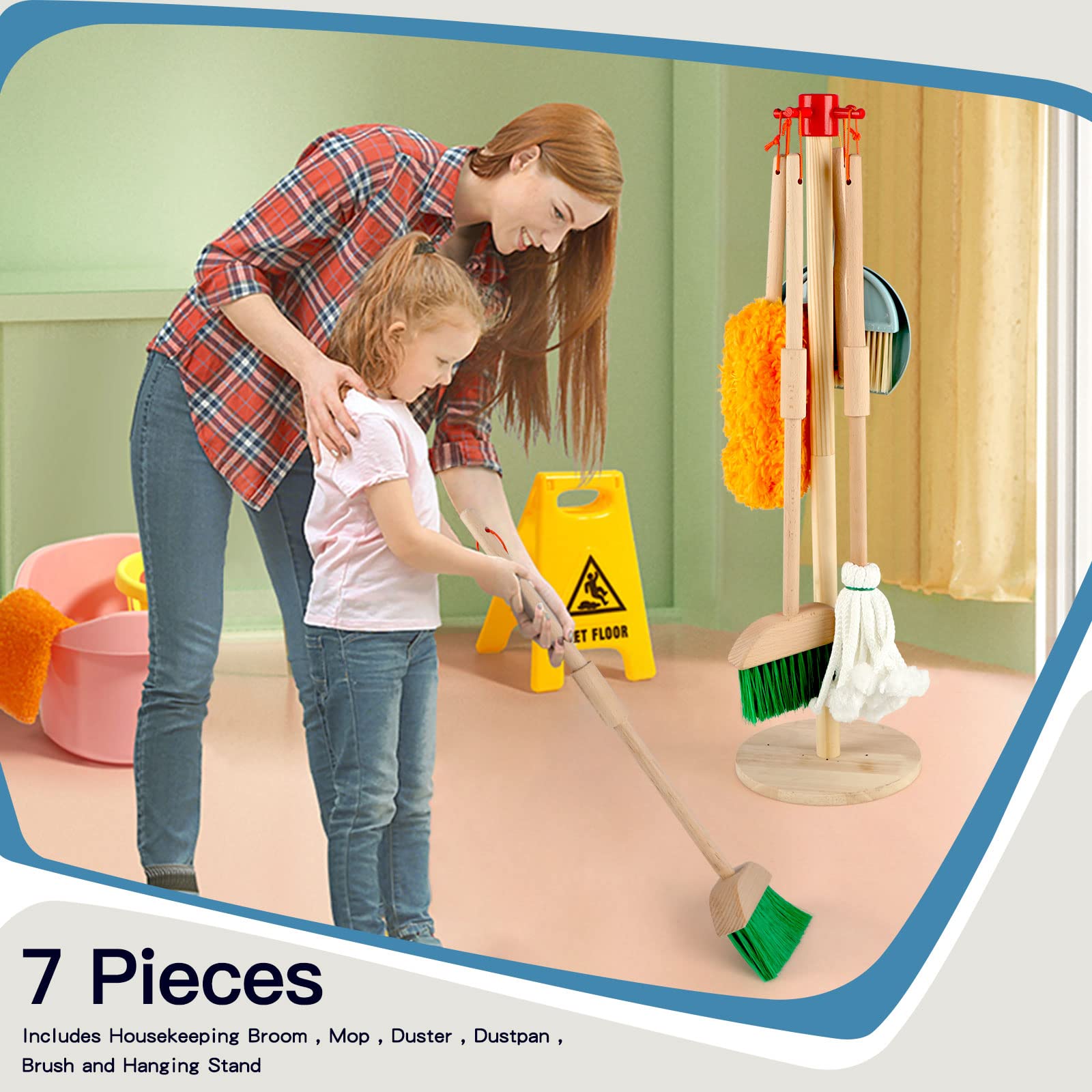 Qilay wooden mop from the kids cleaning set supports imaginative cleaning play and coordination.