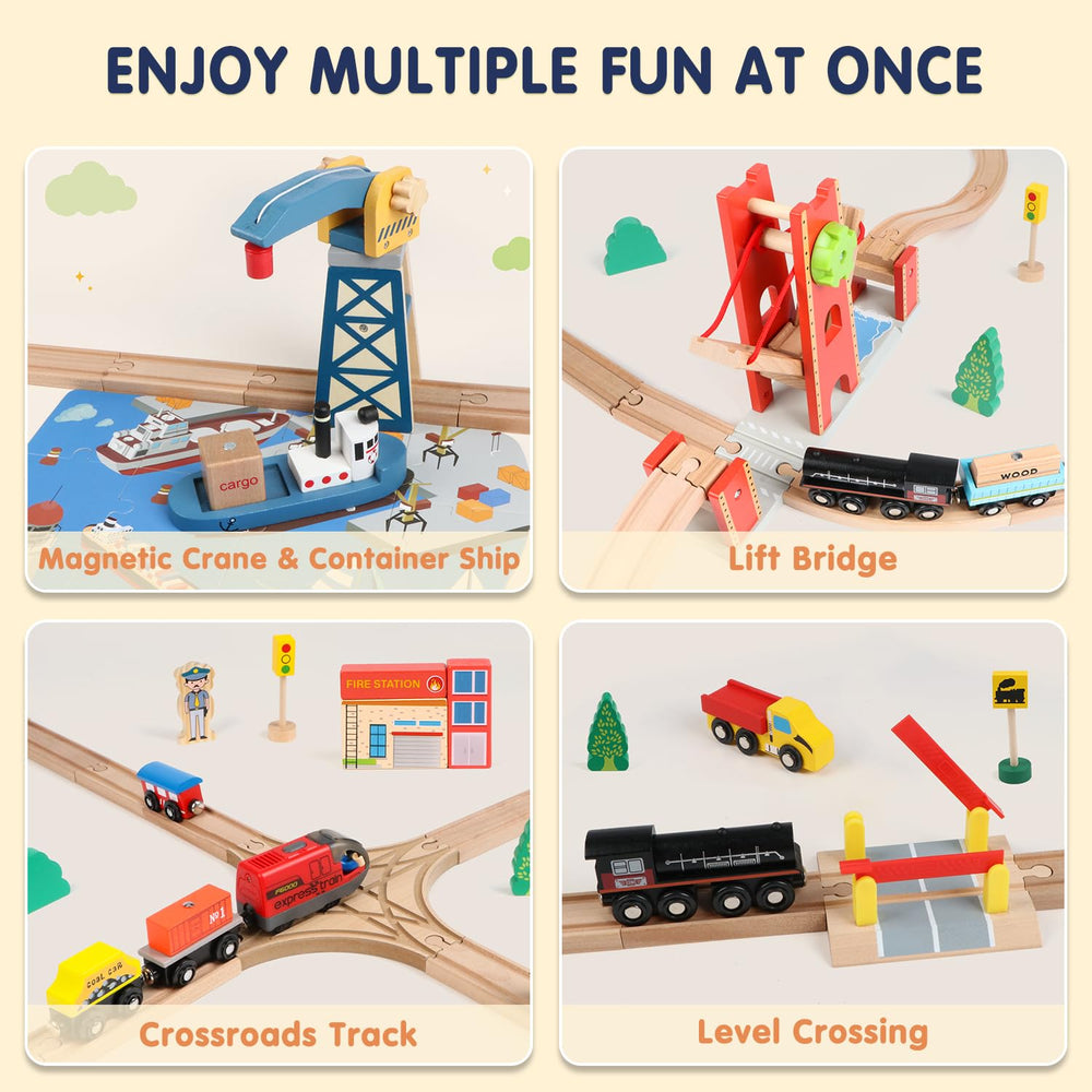 Qilay kids playing wooden train set to boost coordination and social play