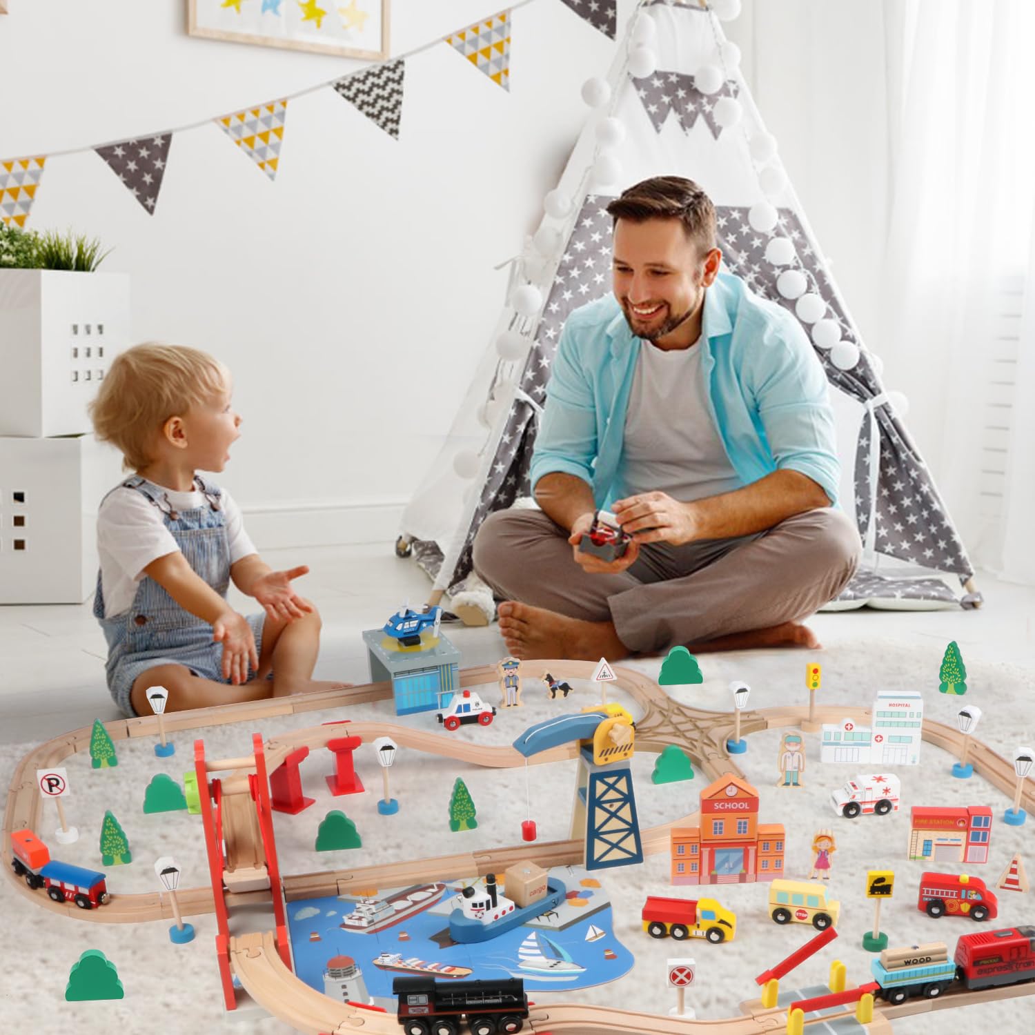 Qilay natural wood pieces with water-based paint, safe for kids