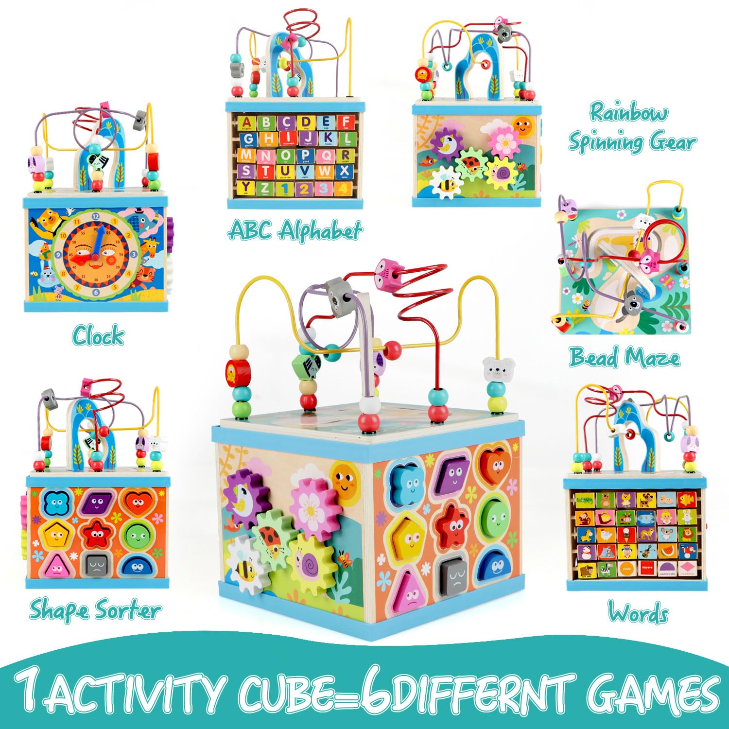 Qilay wooden activity cube with ABC-123 abacus blocks supporting early literacy