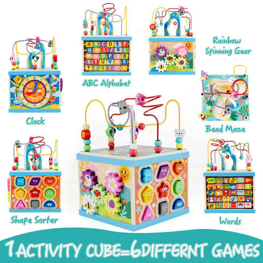 Qilay wooden activity cube with ABC-123 abacus blocks supporting early literacy