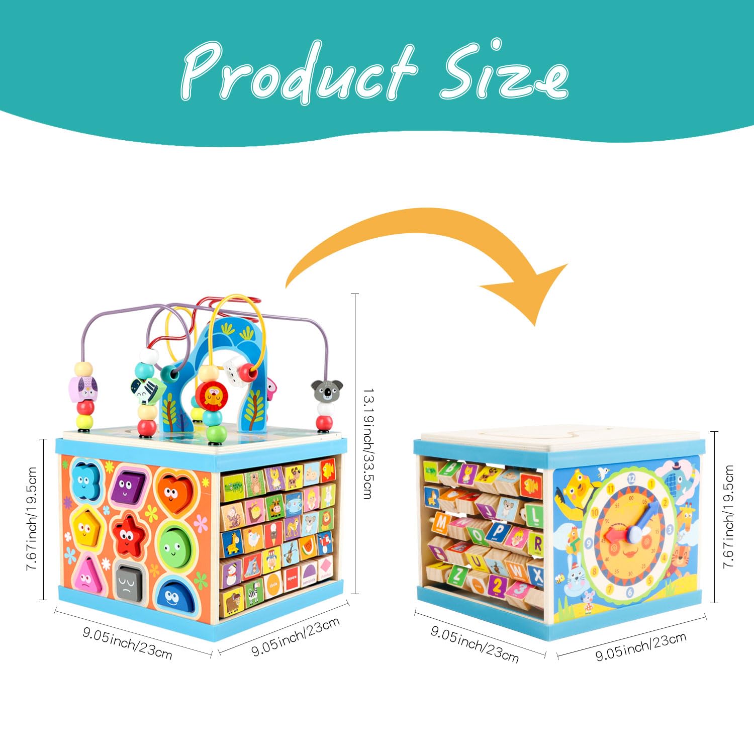 Qilay wooden activity cube packaging shown as a bright first birthday gift option