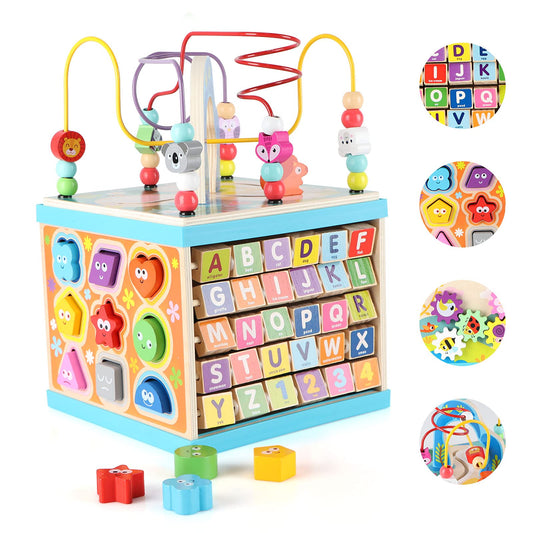 Qilay wooden activity cube with rainbow gear for sensory play and exploration