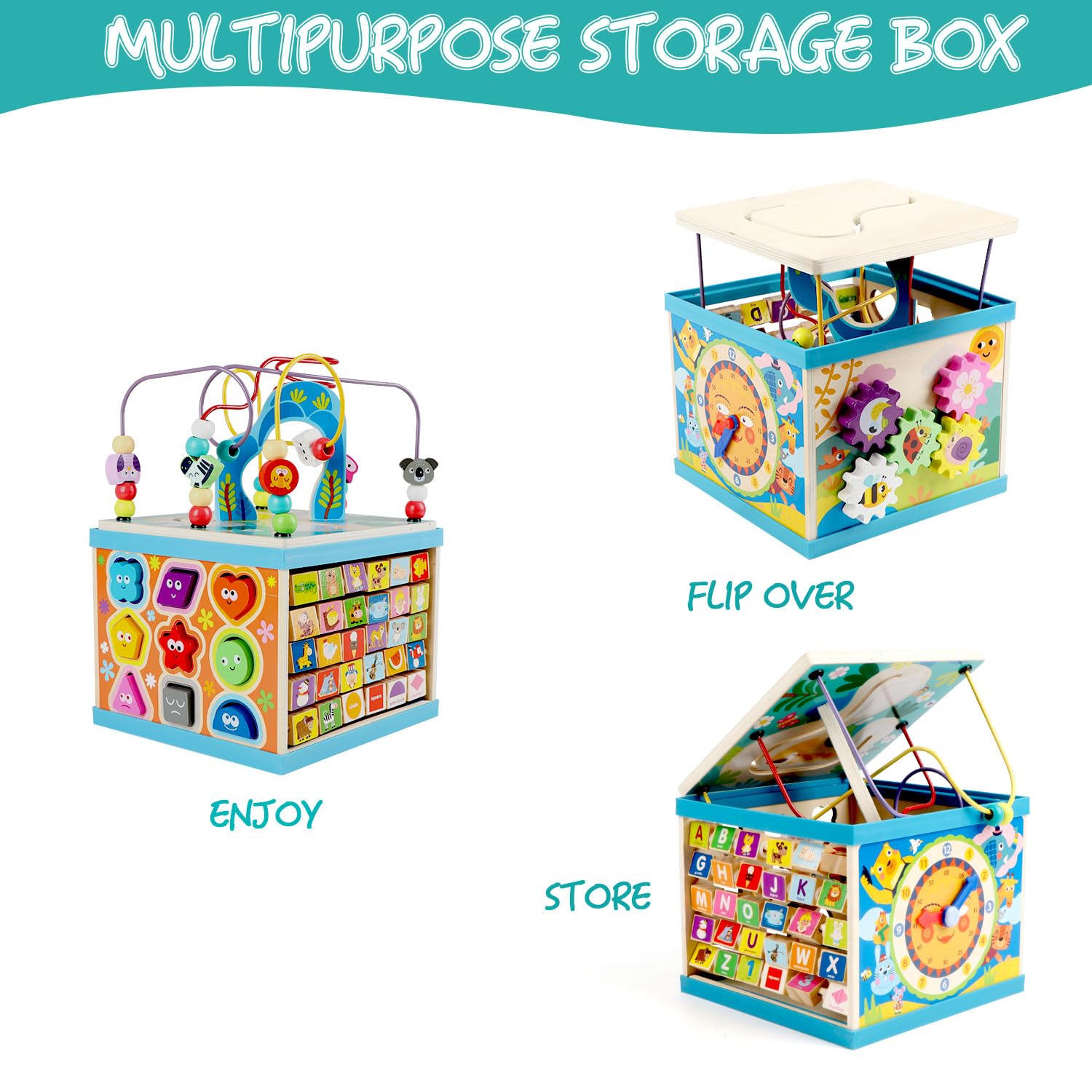 Qilay wooden activity cube spinning gear stimulates hand-eye coordination and exploration
