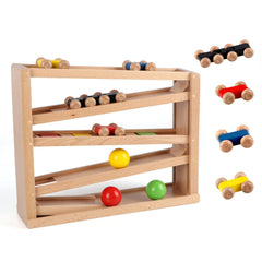 Qilay wooden race track top view with colorful ramps for active play.