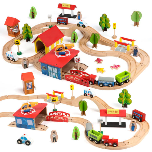 Qilay wooden train set rail sections connect easily for imaginative play