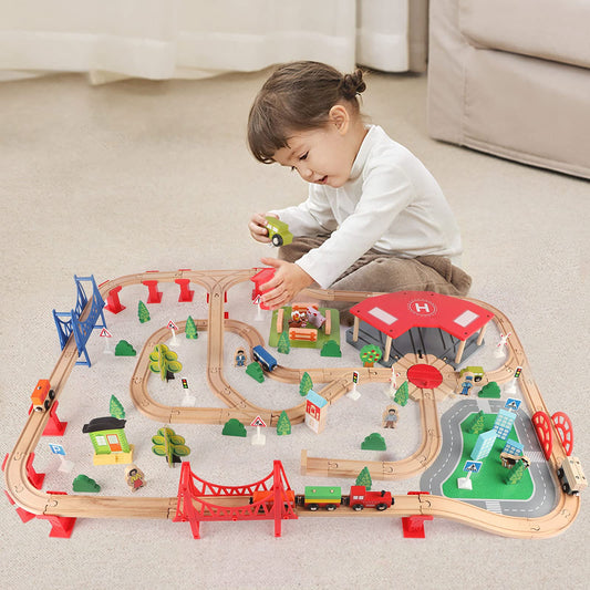 Qilay wooden train set station for easy station-stop pretend play.