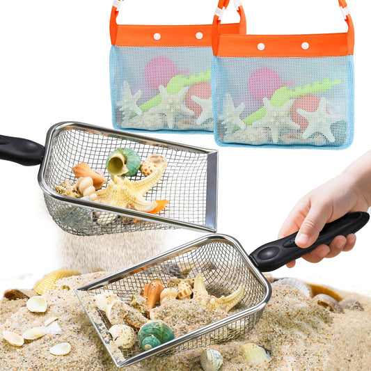 QINGLER beach mesh shovel set showing two shovels for quick sand sieving and shell discovery
