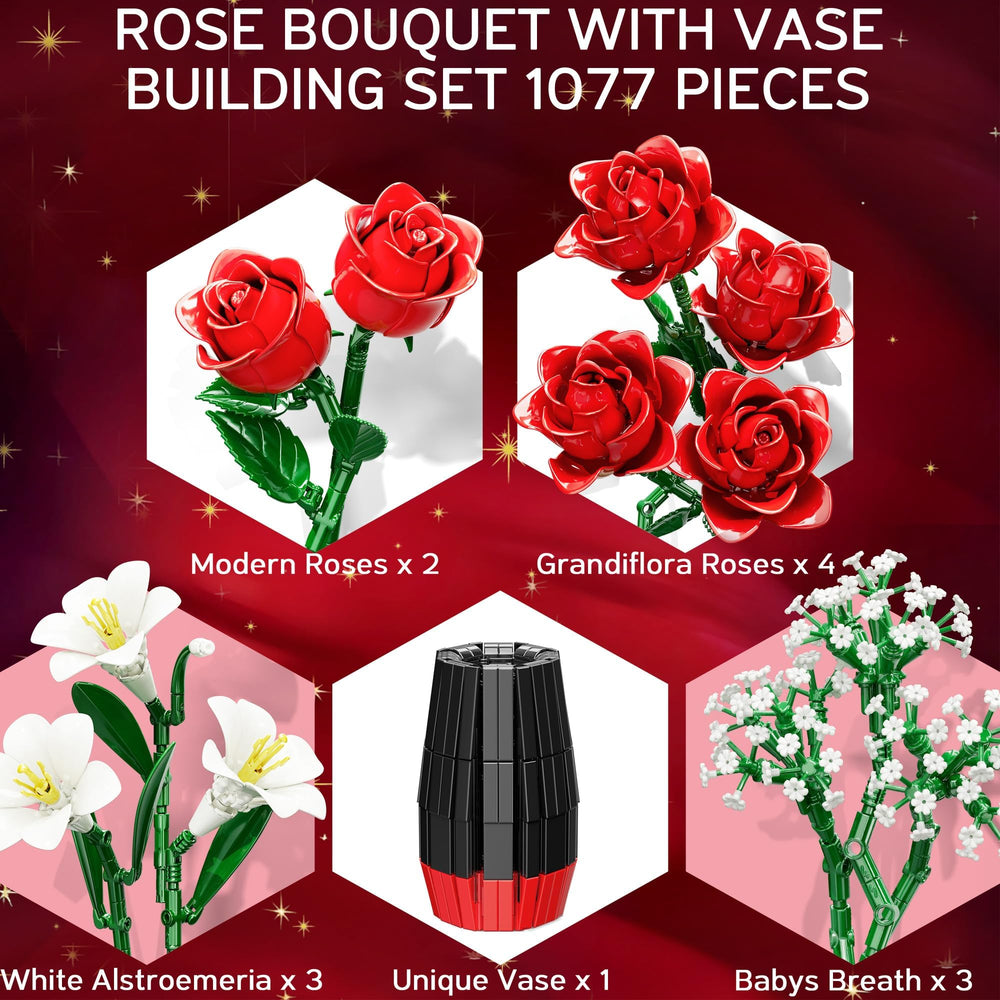 Qinline 1077-piece ABS blocks build a lifelike rose arrangement.