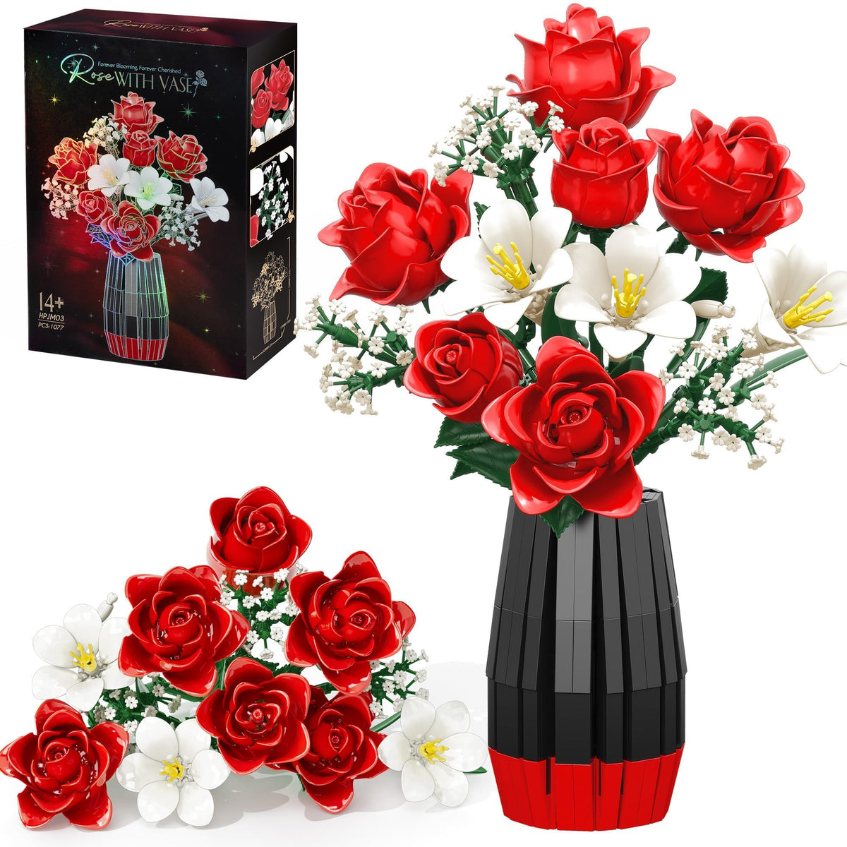 Qinline rose bouquet building set with vase included for decorative display.