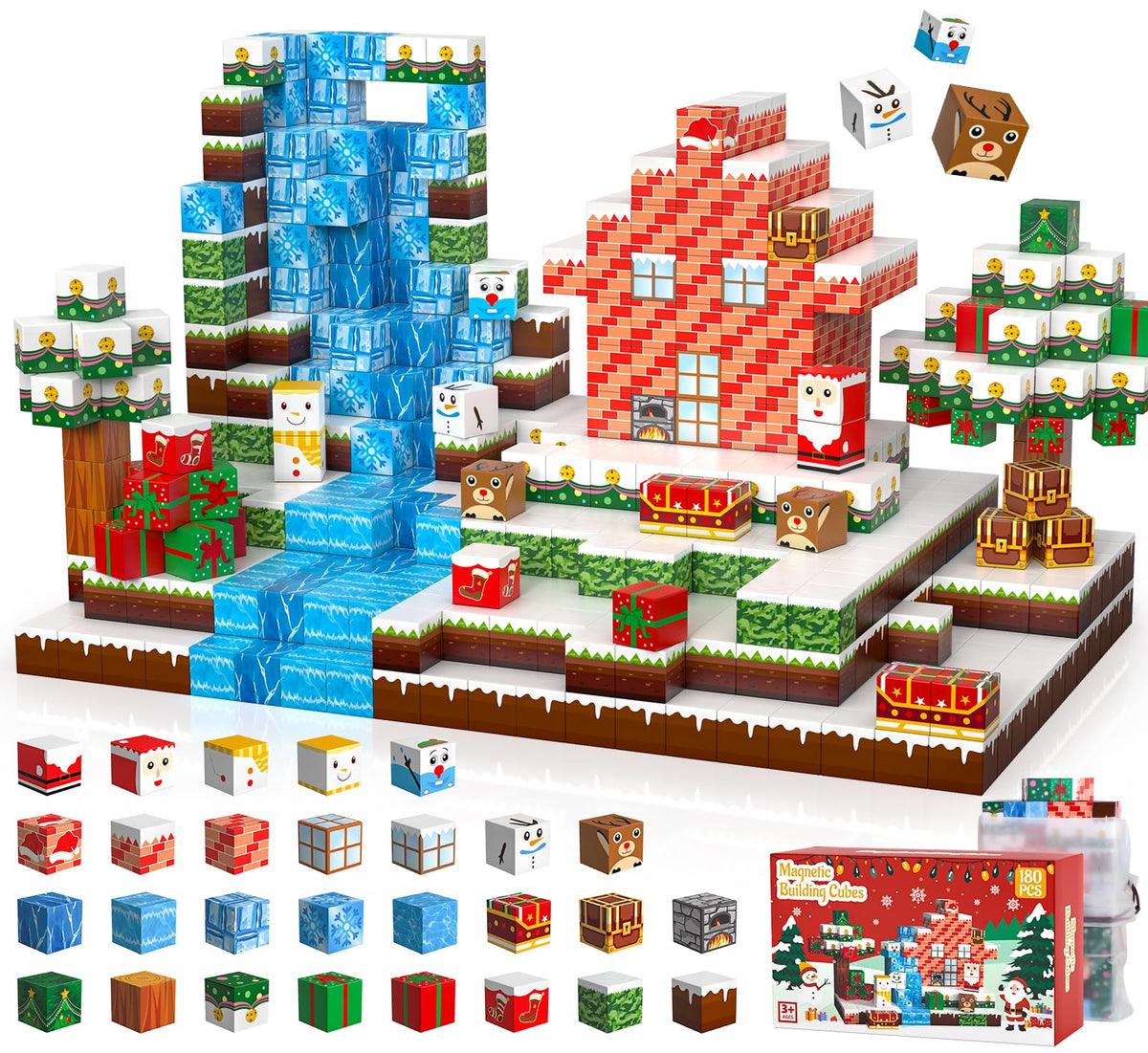 QiqoPoyee 180PCS magnetic blocks creating a festive Christmas scene for kids