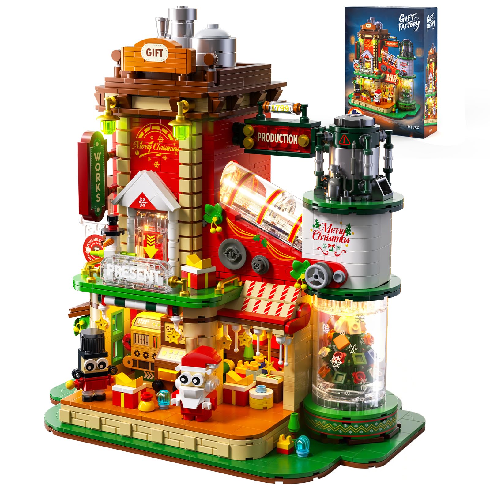 QiqoPoyee Christmas Factory Building Blocks with illuminated assembly line for festive display.